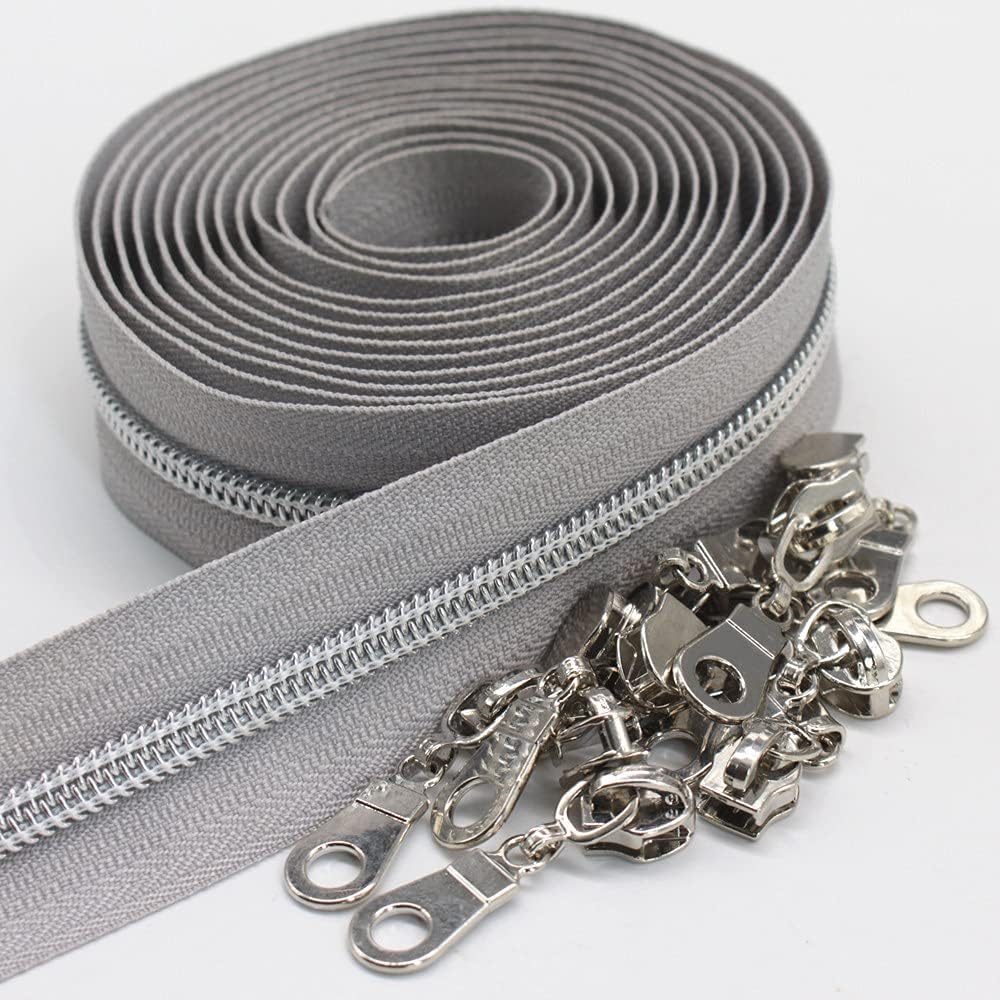 YaHoGa #5 Silver Metallic Nylon Coil Zippers by The Yard Bulk White 10 Yards with 25pcs Sliders for DIY Sewing Tailor Craft Bag (Silver White)
