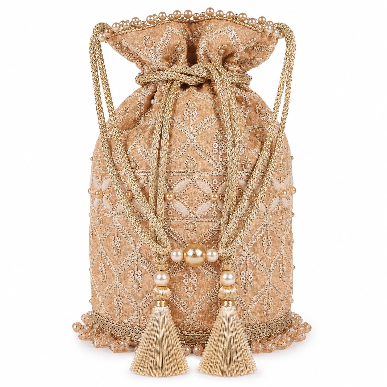by Q-One Women's Premium Embroidered Potli Bag with Pearl Tassels & Golden Handle | Ethnic Wedding Clutch Purse for Bridal, Party, Festive, Rakhi, Diwali & Wedding Gifts | Gold-image-32