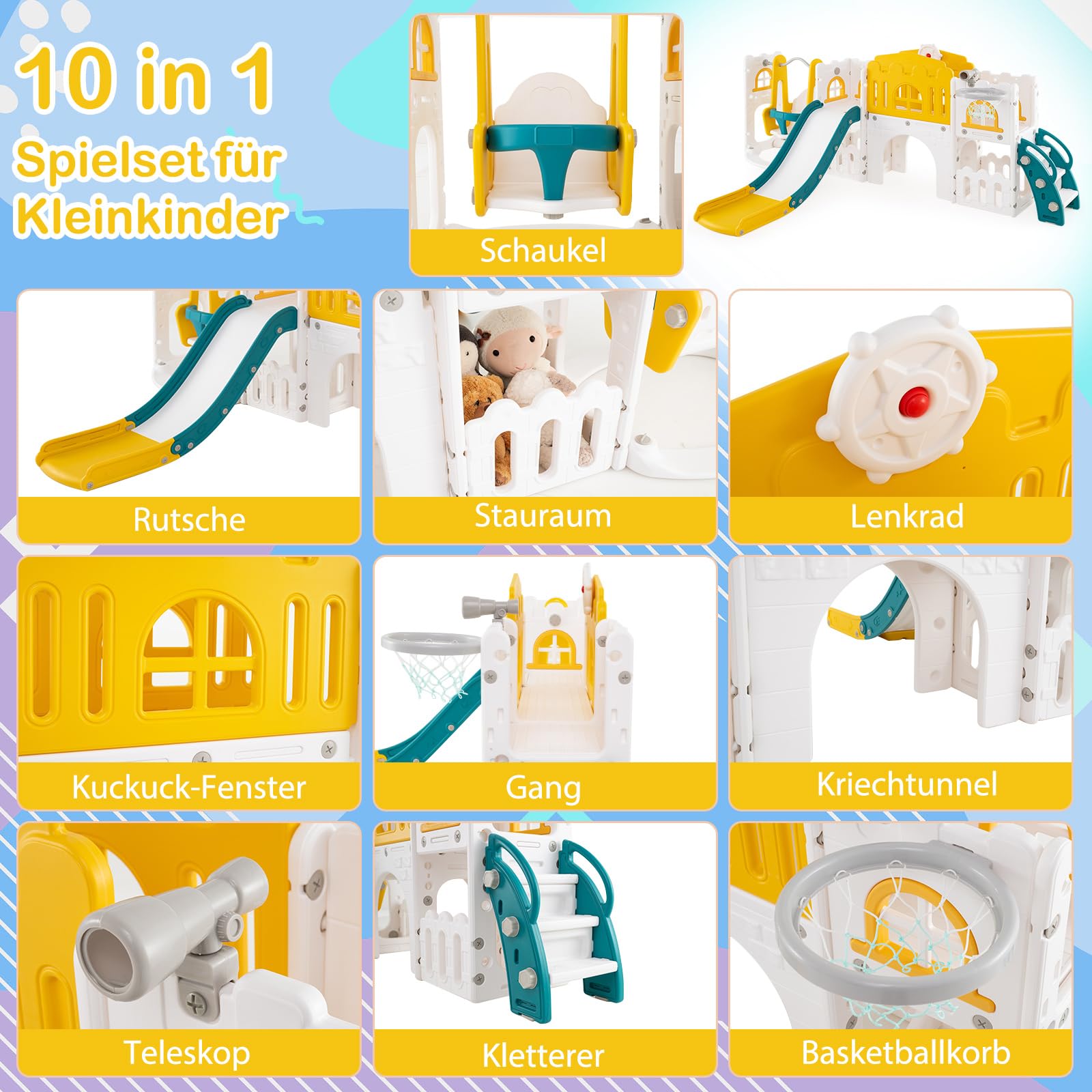 COSTWAY Kinder Rutsche mit Klettergerüst & Schaukel, Rutschenset mit Schaukel Basketballkorb Teleskop Lenkrad, Montessori Indoor-Spielplatz für Kinder ab 1 Jahr (Grün + Gelb)