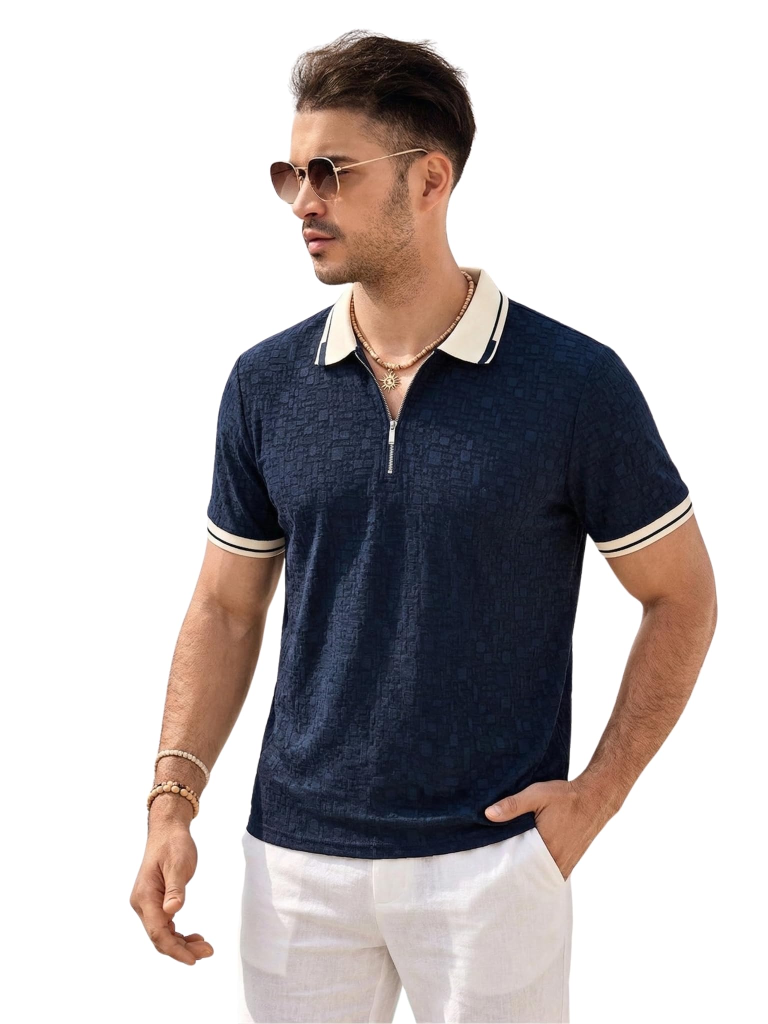 Men's Chain Jacquard Polo T Shirt | Half Sleeve | Comfortable Fit Wear | Stylish Casual Look | Breathable Feel |Modern Style | Easy Movement | Everyday Wear (2065-Navy-S)-image-9