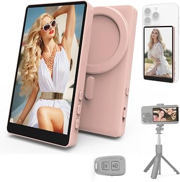 Vamvo Magnetic Selfie Monitor Screen for iPhone & Android, 4K Wireless Vlog Screen with Remote, 180 Rotation & Screen Mirroring Content Creator Essentials for TikTok, YouTube Live Streaming Pink