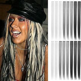 SARARHY Girls Hair Accessories Colored Hair Extensions Clip in Holiday Party Highlights 21 inch Straight Synthetic Grey Hairpieces for Girls Women 15 PCS (Light grey,Dark grey,Black grey)