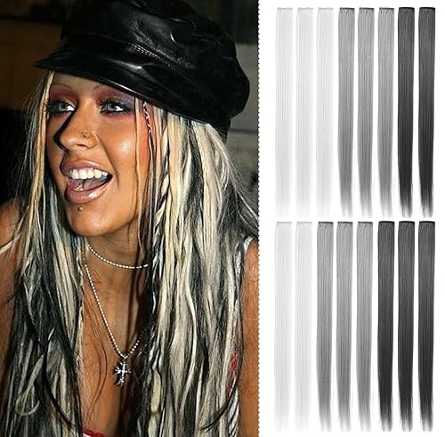 Miniatura 10 de 16 extensiones de cabello de colores con clip para fiestas, 21 pulgadas, lacio, sintético, extensiones de cabello azul claro para niñas y mujeres,