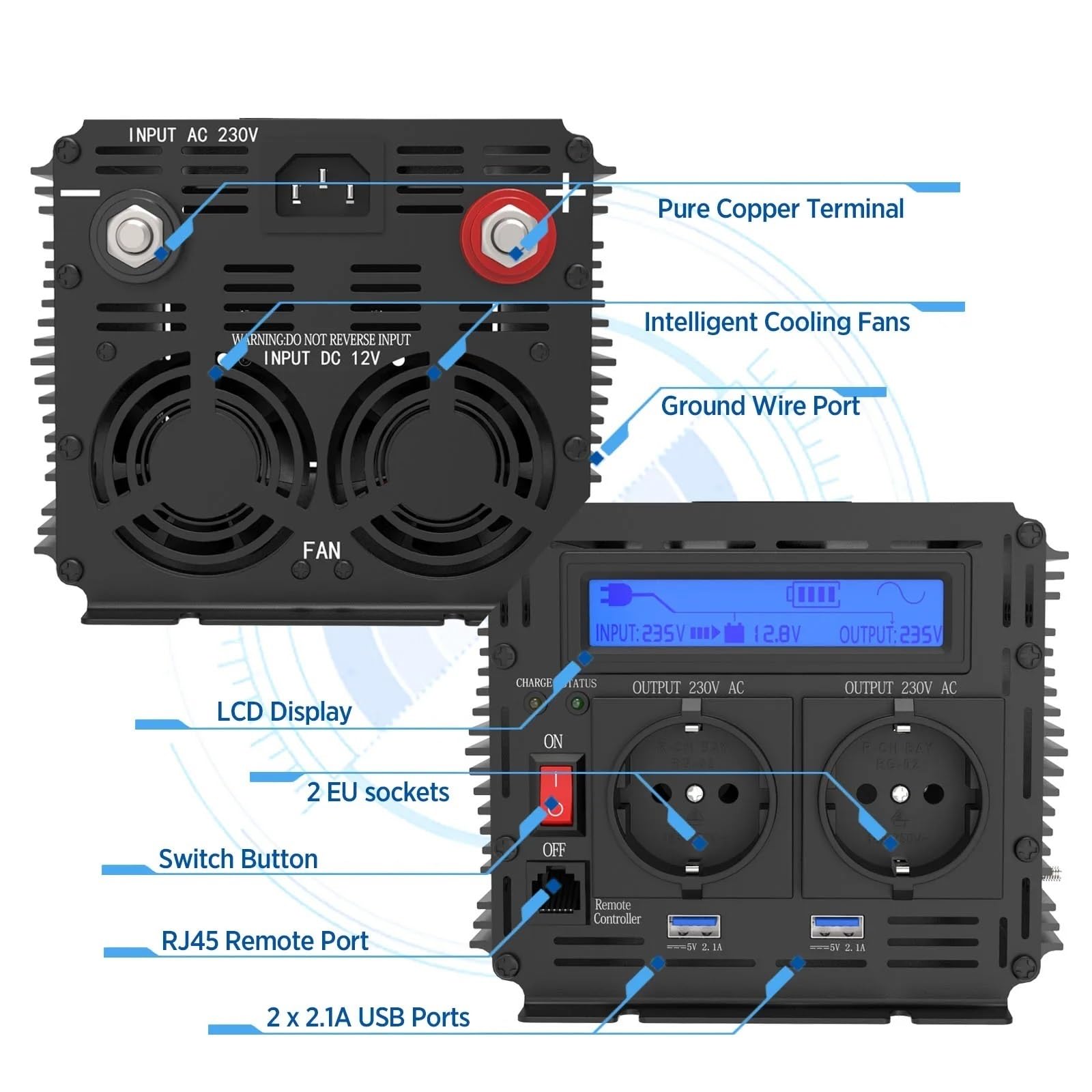 Przetwornica napięcia, Inwerter UPS z ładowarką 1500 W 2500 W DC 12 V do AC 230 V konwerter czysta fala sinusoidalna transformator poza siecią dla domu Do samochodu, kempingu, podróży(1500W)