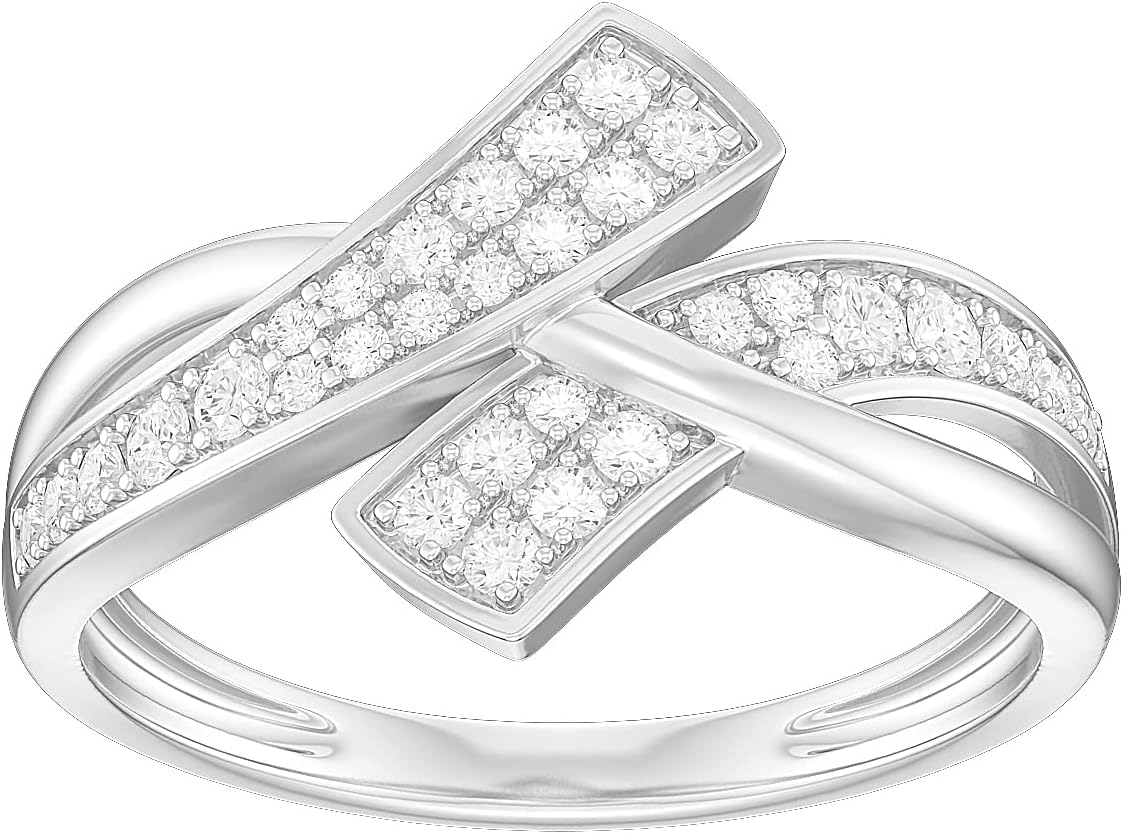 Solid 14k White Gold Romantic Criss-Cross Split Shank Simulated Diamond or Genuine Moissanite Promise Ring Wedding Band