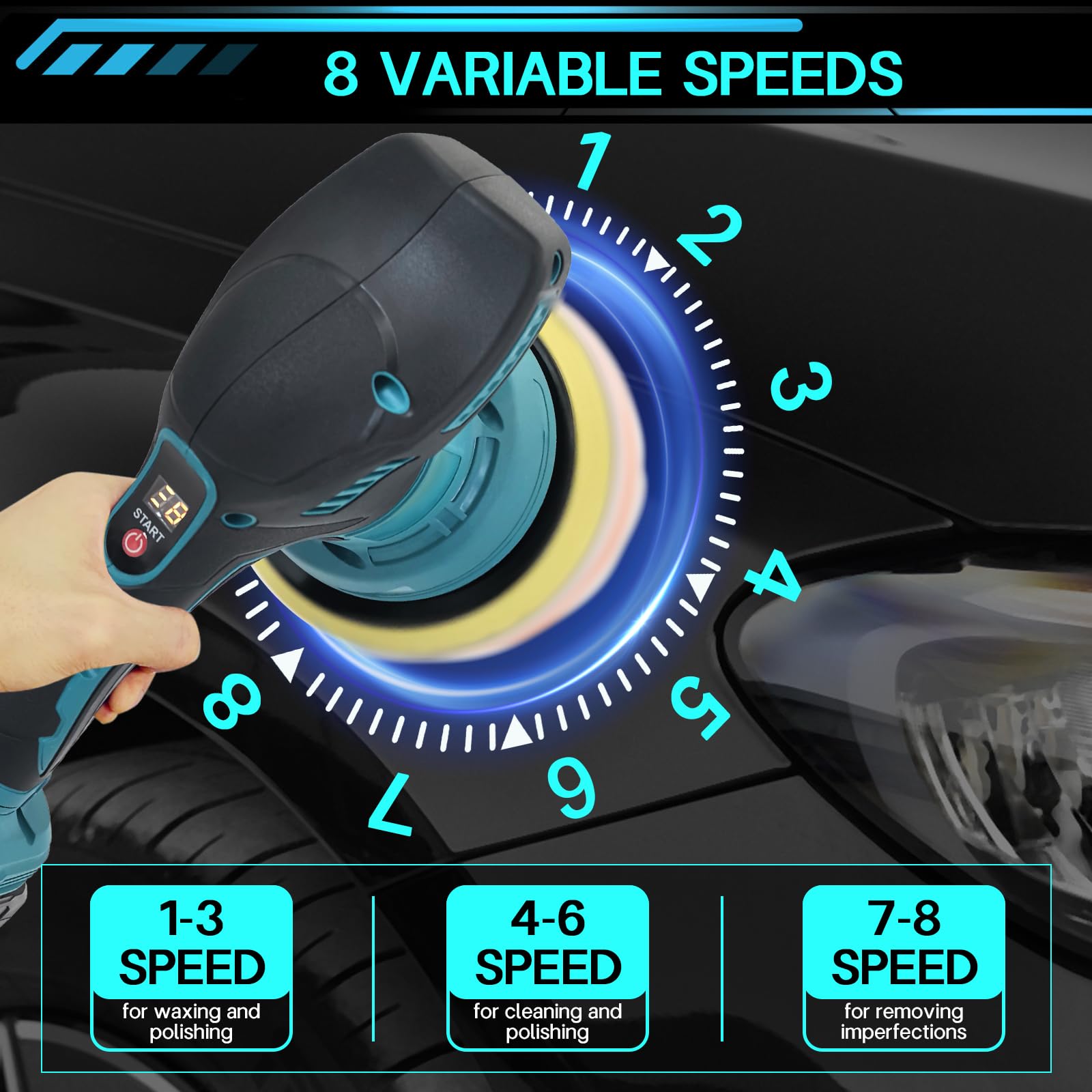 Pulidora Coche, Pulidora Inalambrica compatible con Makita 18 V, 8 Velocidad Variable, Pulidora Orbital para Detallar, Pulir, Encerar y Eliminar Arañazos del Coche(sin batería ni cargador)