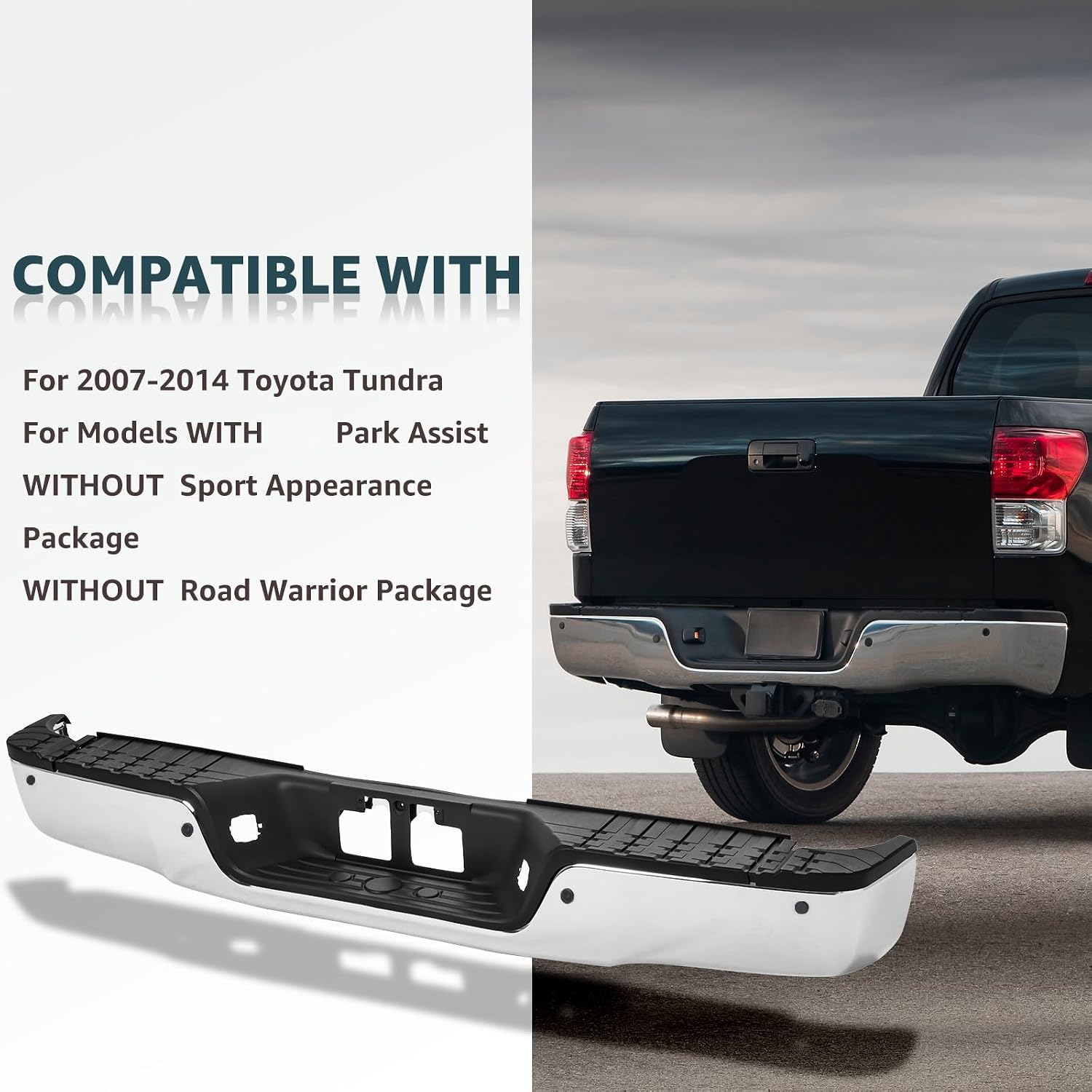 Steel Rear Bumper Compatible with 2007-2013 Toyota Tundra, Chrome Rear Step Bumper Assembly W/or W/O Parking Aid Holes, with LED Licence Plate Lights, Also Fit WITH TOW HOOK