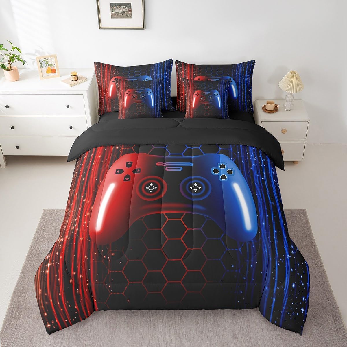 Erosebridal Boys Game 7 Pieces Bedding Set Kids Red and Blue Gamer Gaming Twin Comforter Set for Boys Kids Ombre Gradient Glowing Stripes Honeycomb Bed in a Bag with Sheets Modern Video Game Quilt