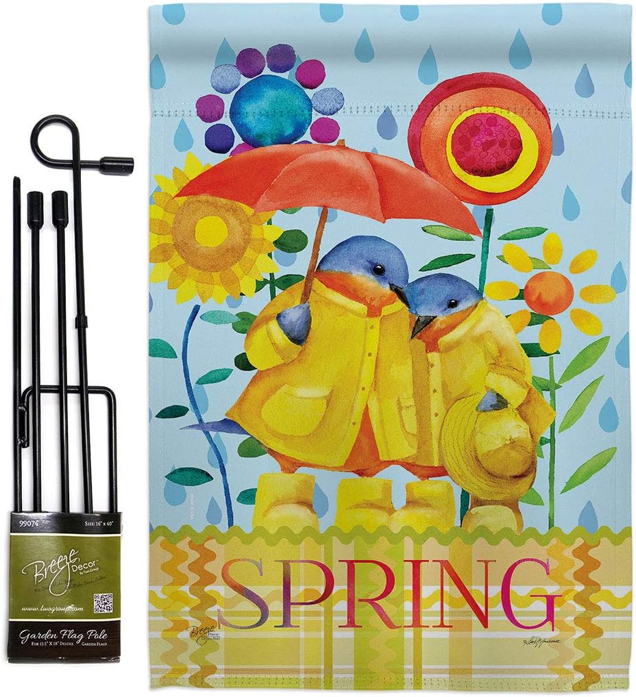 Breeze Decor Rainy Day Bluebirds Garden Flag Set with Stand Friends Birds Flamingo Hummingbird Cardinal Peacock Springtime Natural Wildlife House Banner Small Yard Gift Double-Sided, Made in USA