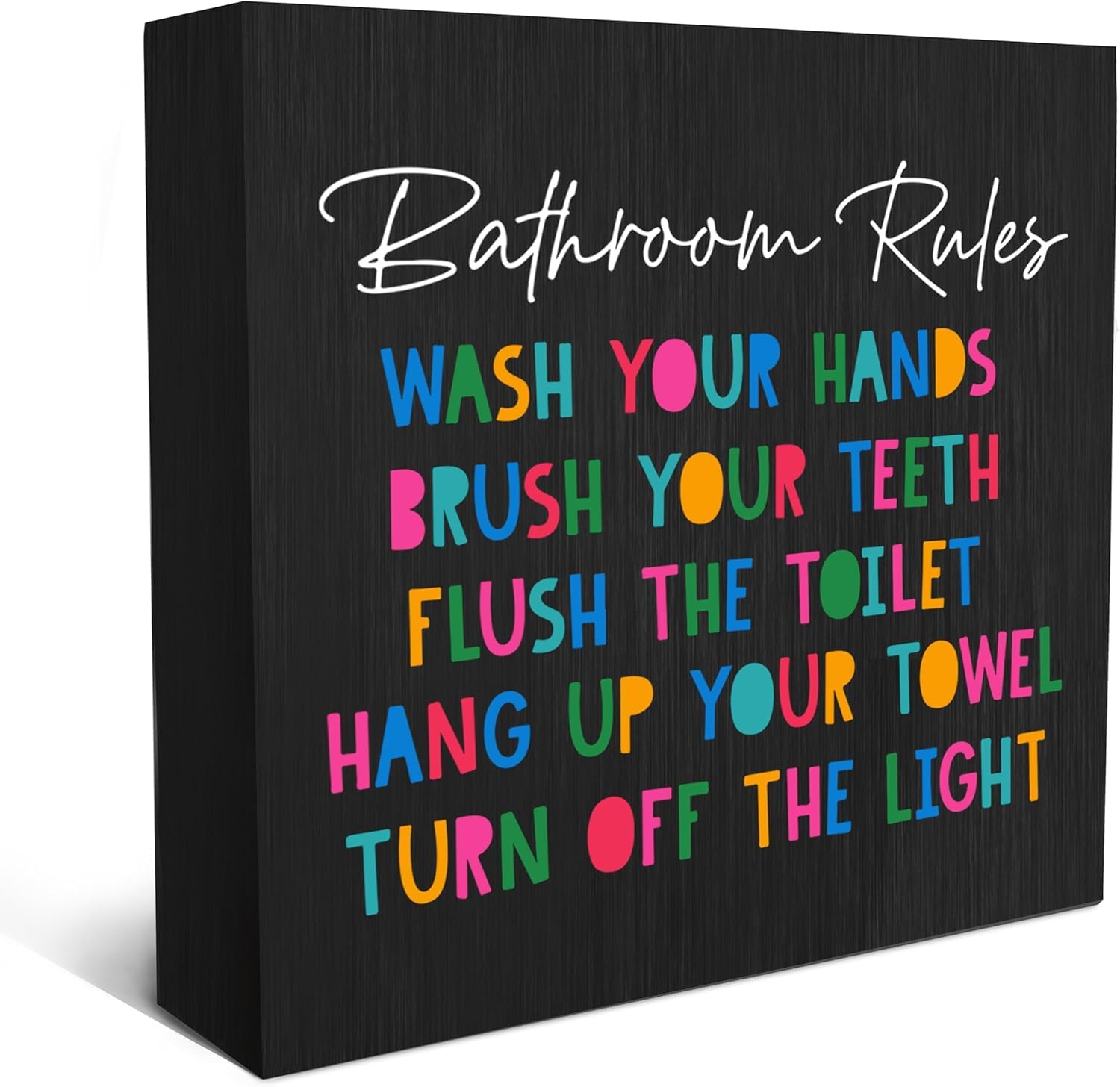 Bathroom Rules Box Sign 7x7 Inch Colorful Wood Decor