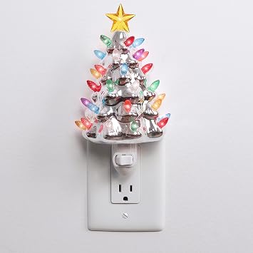 Ceramic Christmas Tree Night Light - Plugin with Lights Lighted Vintage Mini Decorative Silver Tree 5 Inch