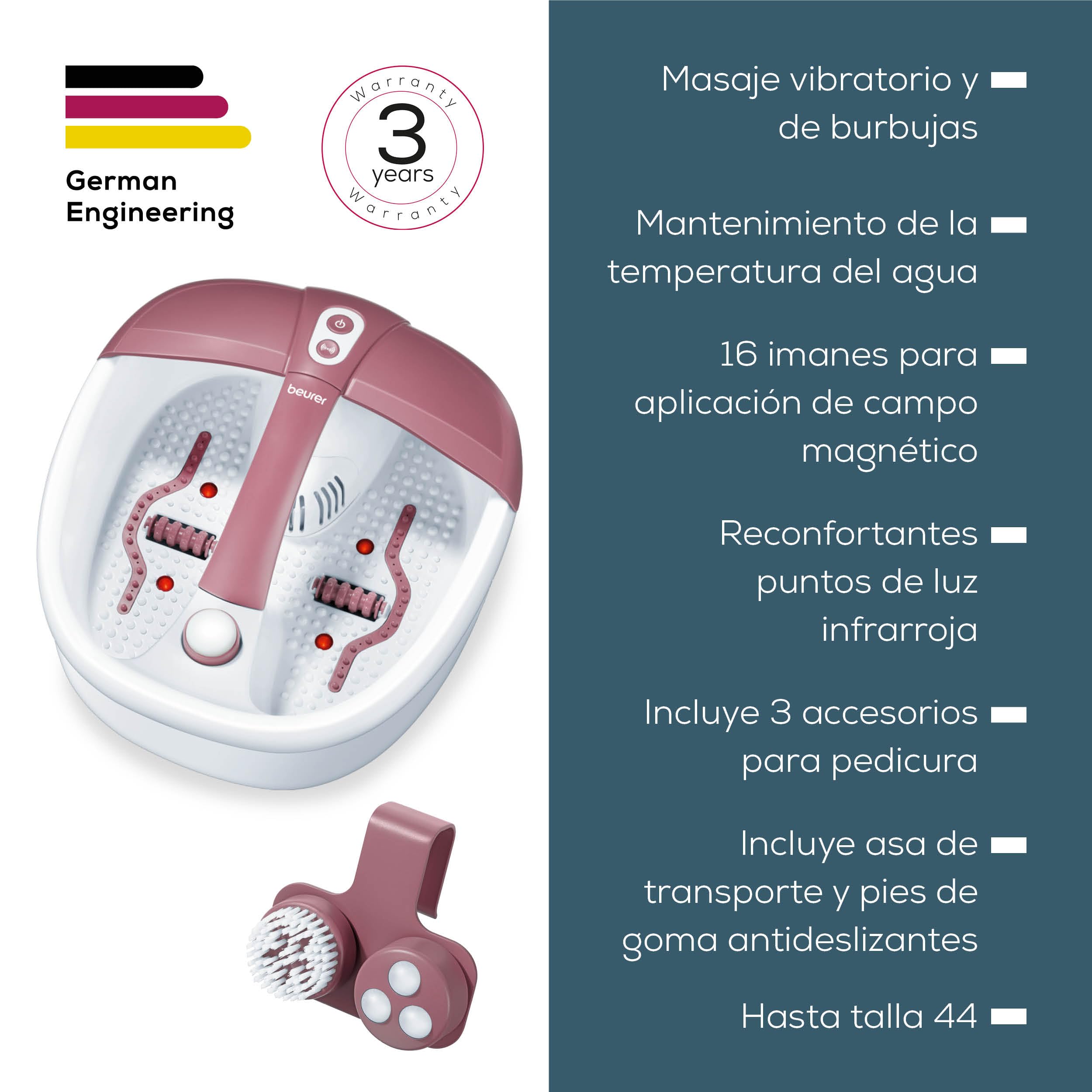 Beurer FB 35 baño de pies con masaje vibratorio y burbujas, 3 accesorios, luz infrarroja, aromaterapia, talla 44