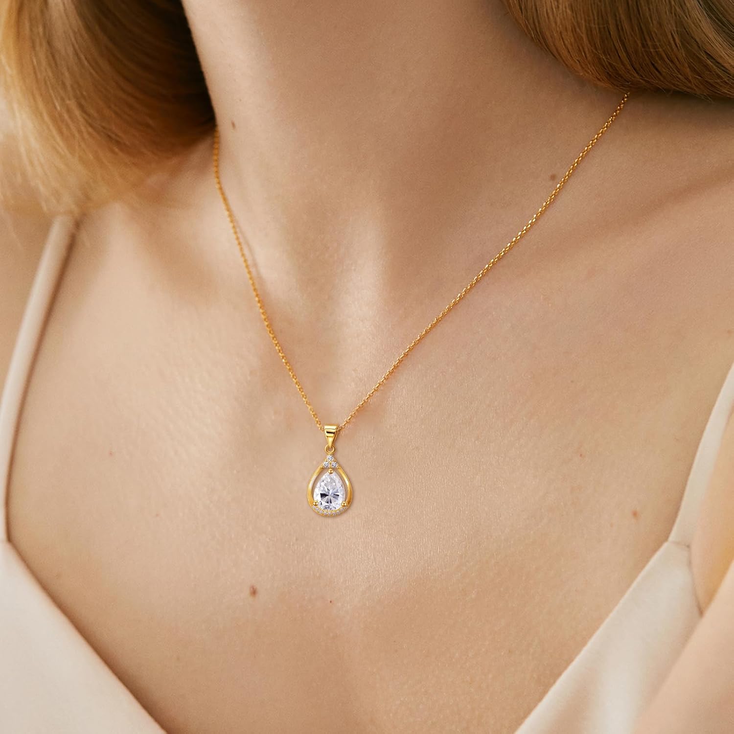 Sterling Silver Teardrop Drop Pendant Necklace for Women Hypoallergenic Cubic Zirconia Adjustable Charm Water Drop Pendant Necklace - Image 2