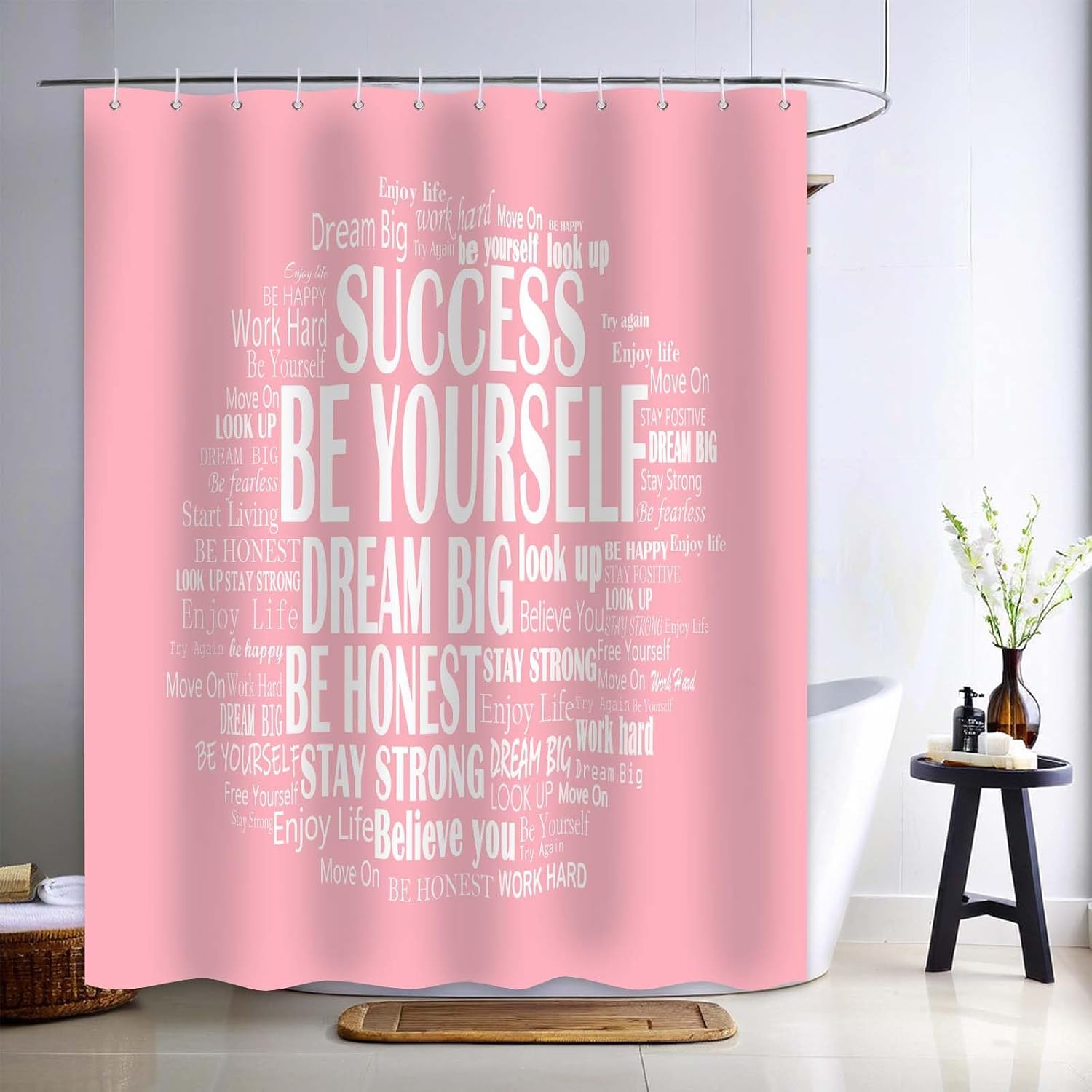 Inspirational Shower Curtain Positive Affirmations Motivational Bathroom Decor for Girls Quotes Pink and White Bath Curtain, Waterproof Cloth Fabric with Hooks, 72x72 inch