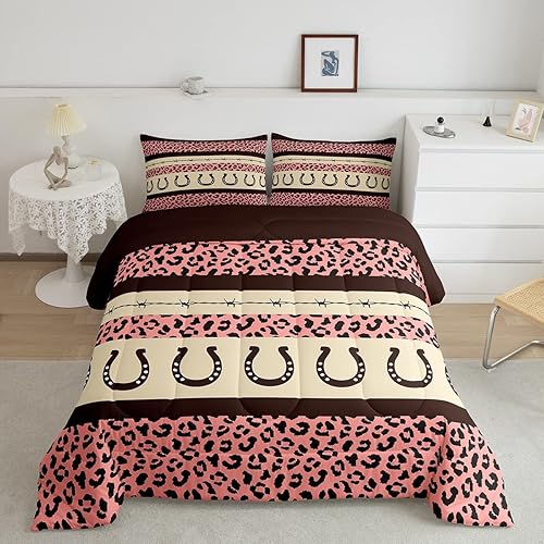 Juego de ropa de cama de leopardo, tamaño matrimonial, juego de edredón de guepardo para niños y niñas, decoración occidental, juego de edredón rosa