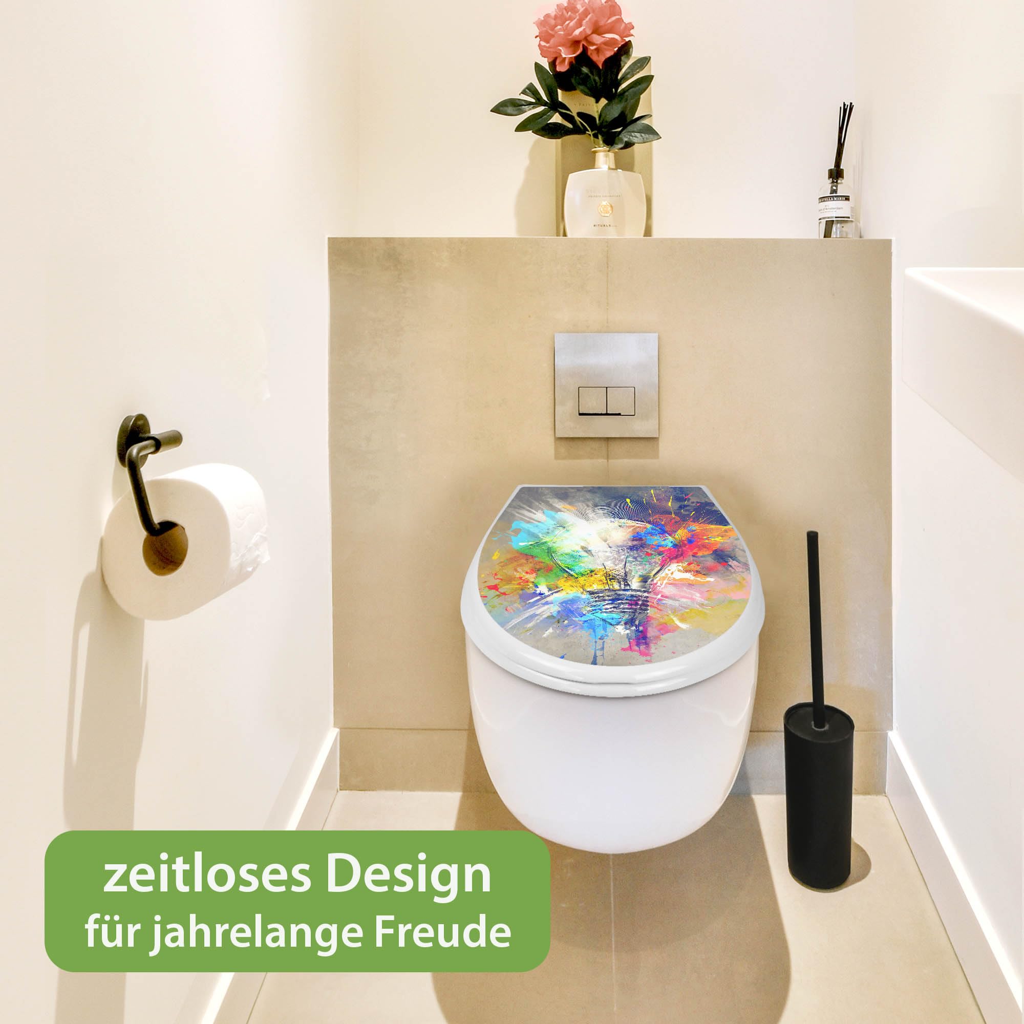banjado Familien WC Sitz mit Absenkautomatik 44,9x37,1cm - Klobrille mit Kindersitz aus hochwertigem Polypropylen - Toilettendeckel mit Kinder Toilettensitz integriert - Motiv Idee