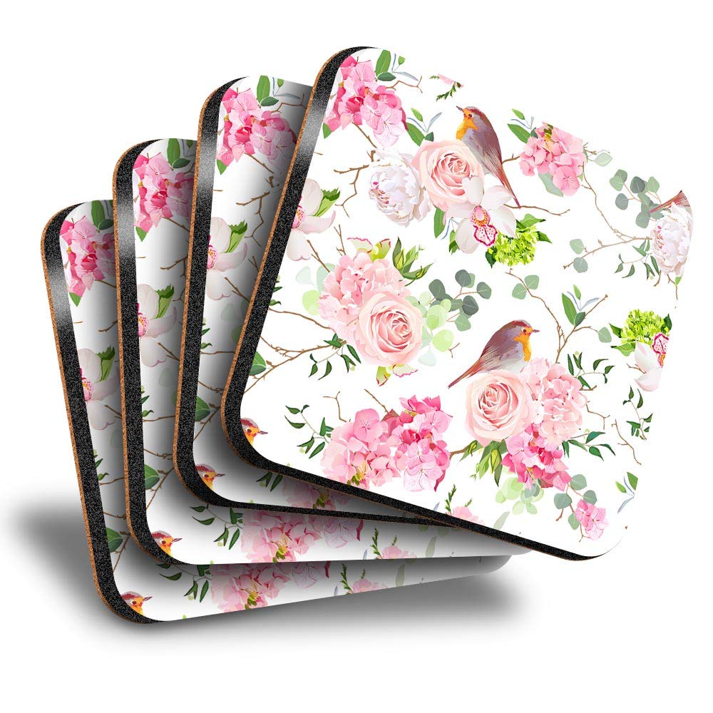 Destination Vinyl Ltd Great Coasters (Set of 4) Square - Pretty Robin Bird Pink Rose Flower Drink Glossy Coasters/Tabletop Protection for Any Table Type #15920
