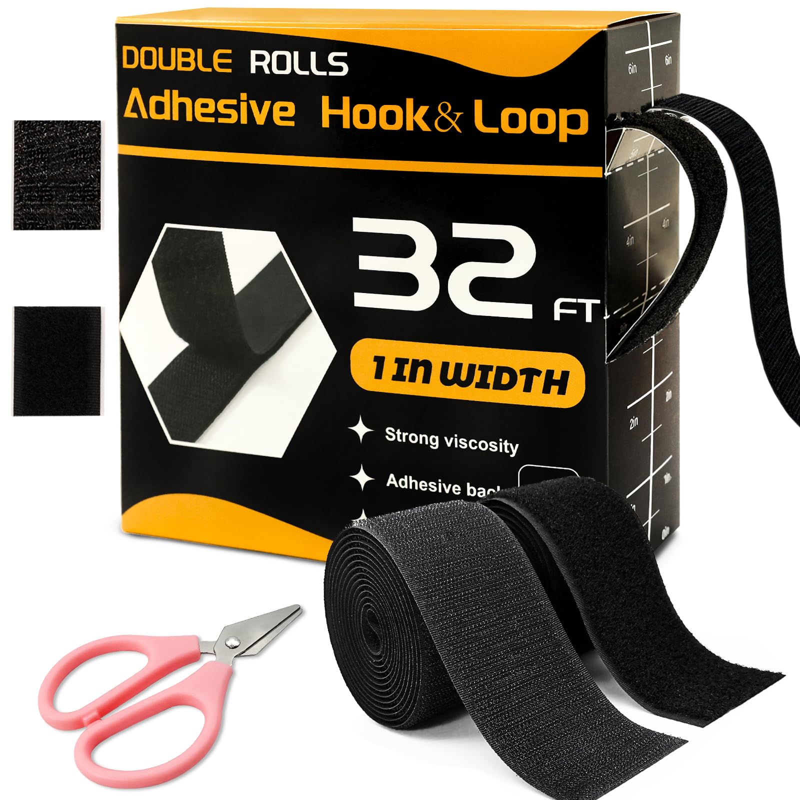 MuseLuxe Hook and Loop Tape 2 Rolls, Self Sticky Double Sided Heavy Duty Strips, Sticky Back for Fabrics Nylon Adhesive Tape with Scissors for Home Office and Crafting (25 mm x 10m, Black)