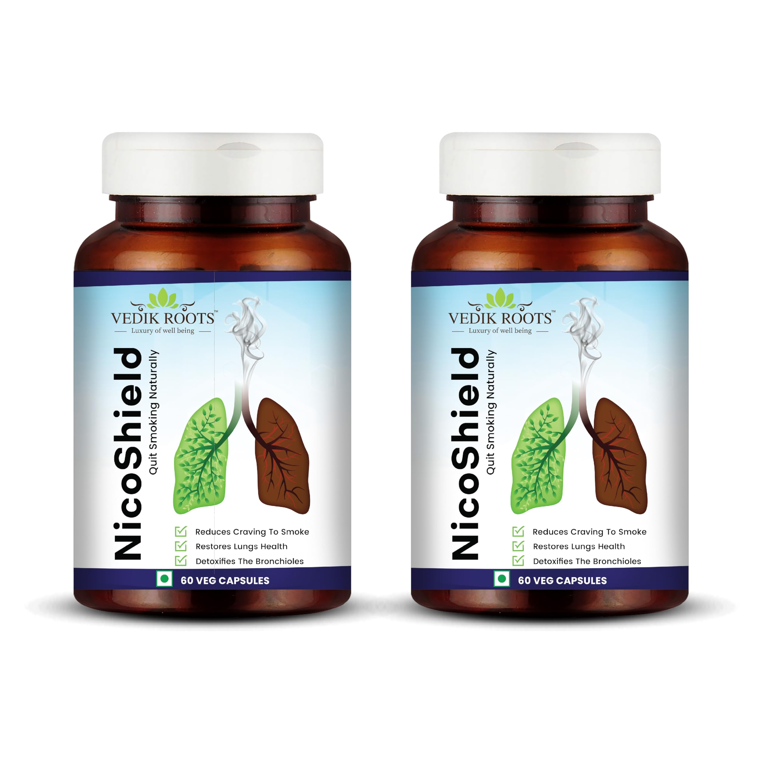 Vedikroots NicoShield | Herbal solution to Help Quit Smoking Naturally | Helps Reduce Craving To Smoke | Ayurvedic Herbal Supplement | 60 Veg Capsules (Pack of 2)