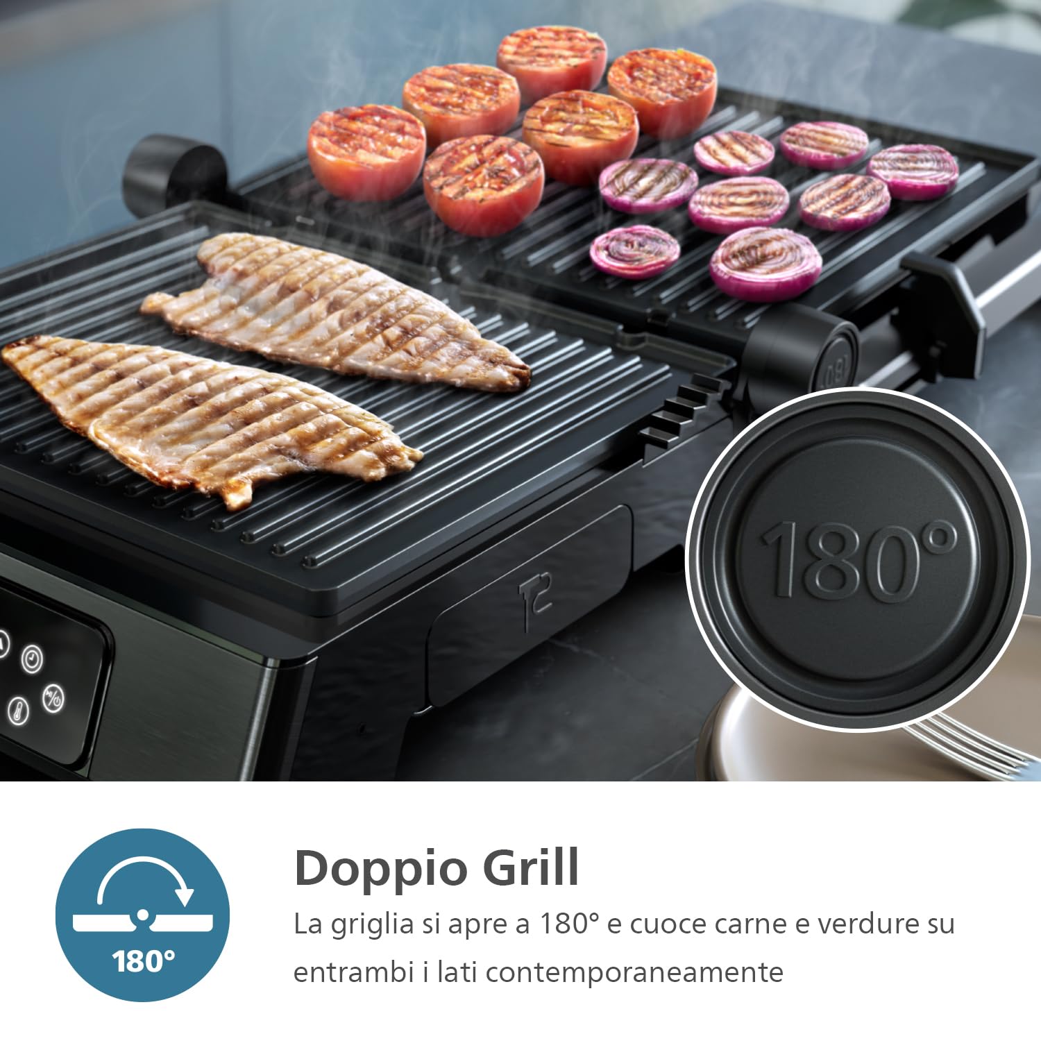 Philips Contact Grill - Sensore di Temperatura e 8 Funzioni Preimpostate grill con griglia ampia. Controllo Digitale della Temperatura. Facile da Pulire (HD6307/70)