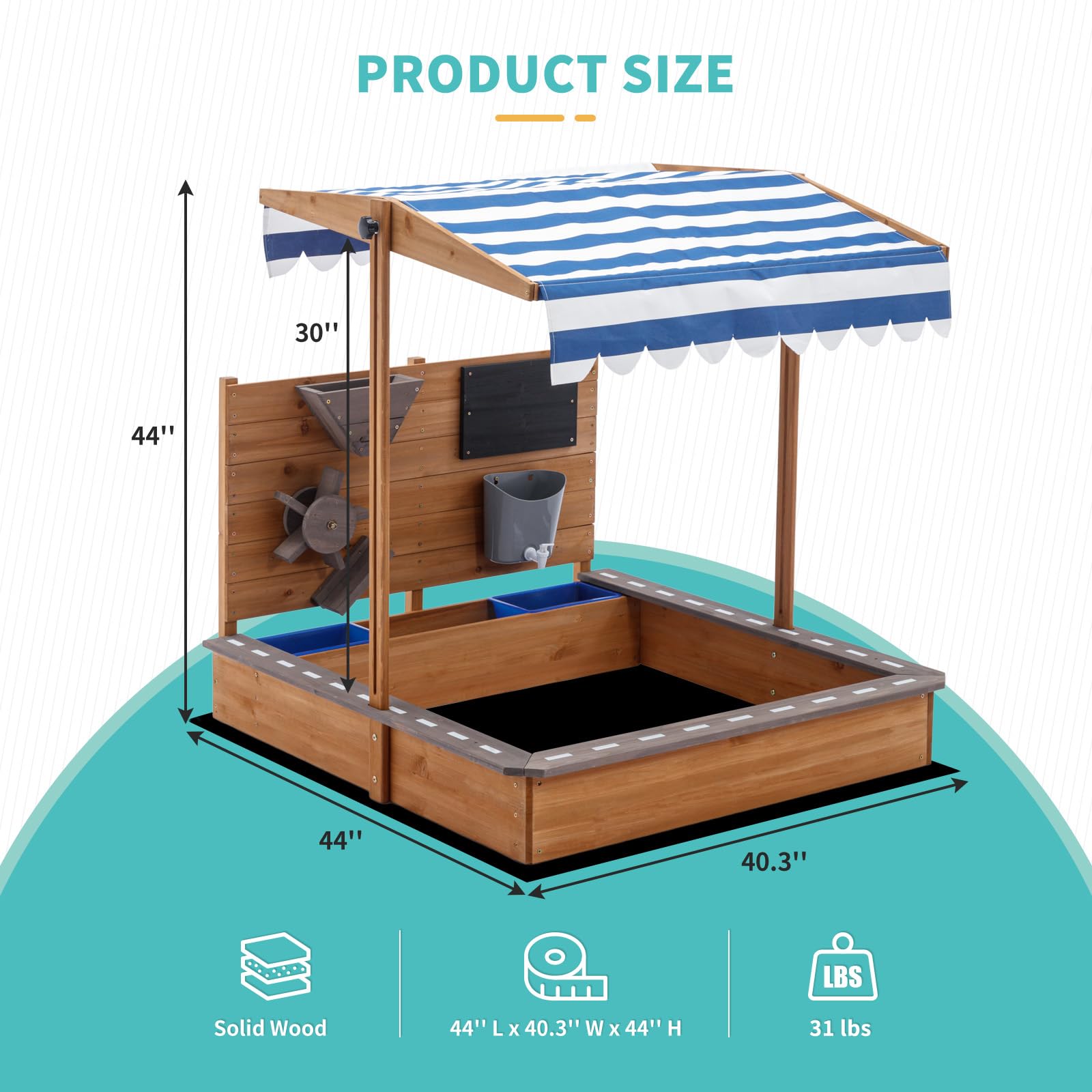 Sandkasten mit Abdeckung, Großer Kinder-Sandkasten aus Holz mit Bring Strandspielzeug, Sandkasten mit Dach für Strand, Garten (103 x 114 x 110 cm)