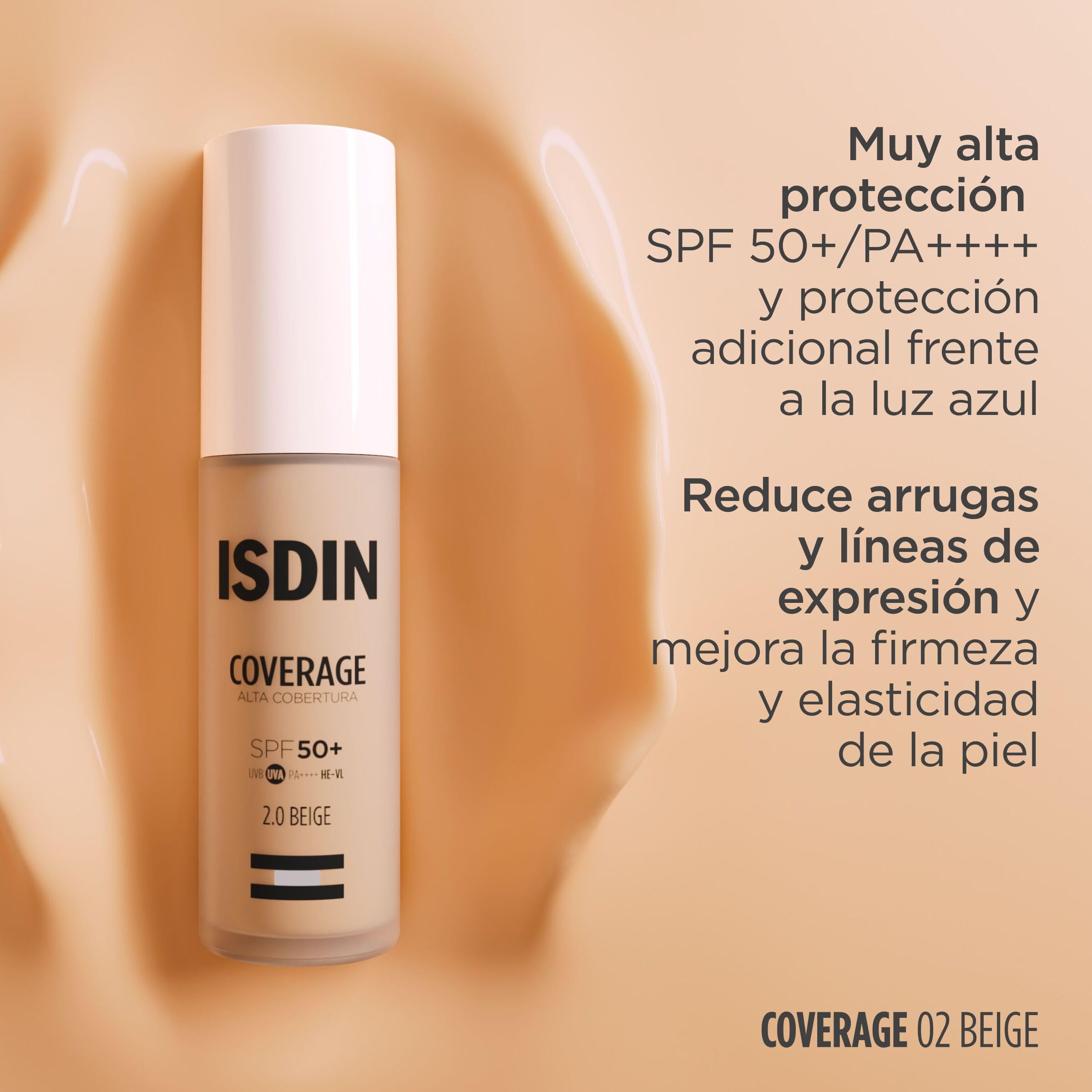 ISDIN Coverage SPF 50, Base de maquillaje con muy alta protección solar, acabado natural, acción antiedad, reduce arrugas y líneas de expresión - 30ml