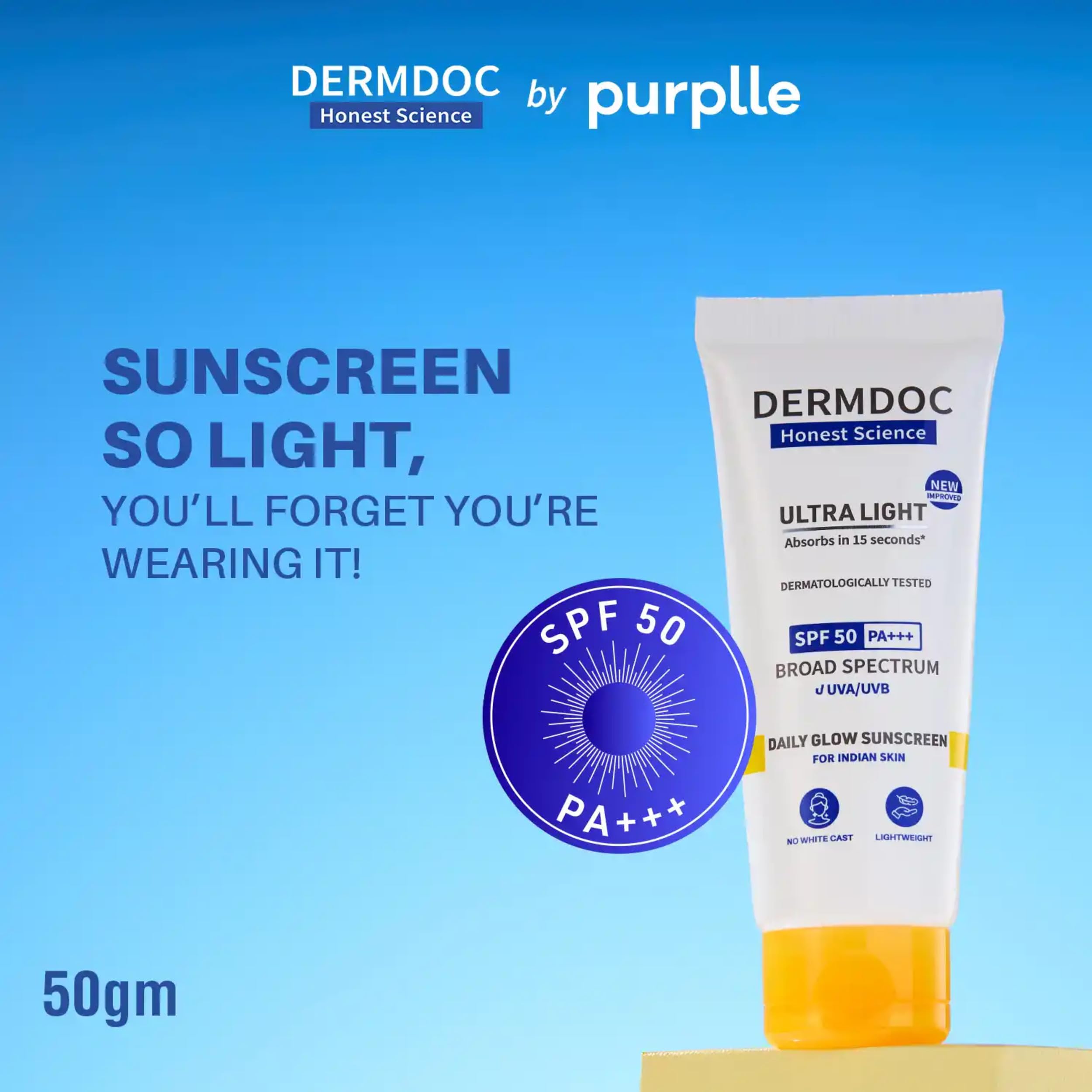 DermDoc All By Purplle Ultra Light Spf 50 Pa+++ Daily Glow Sunscreen (50Gm) | Sunblock | Lightweight | Non-Greasy | 0 White Cast