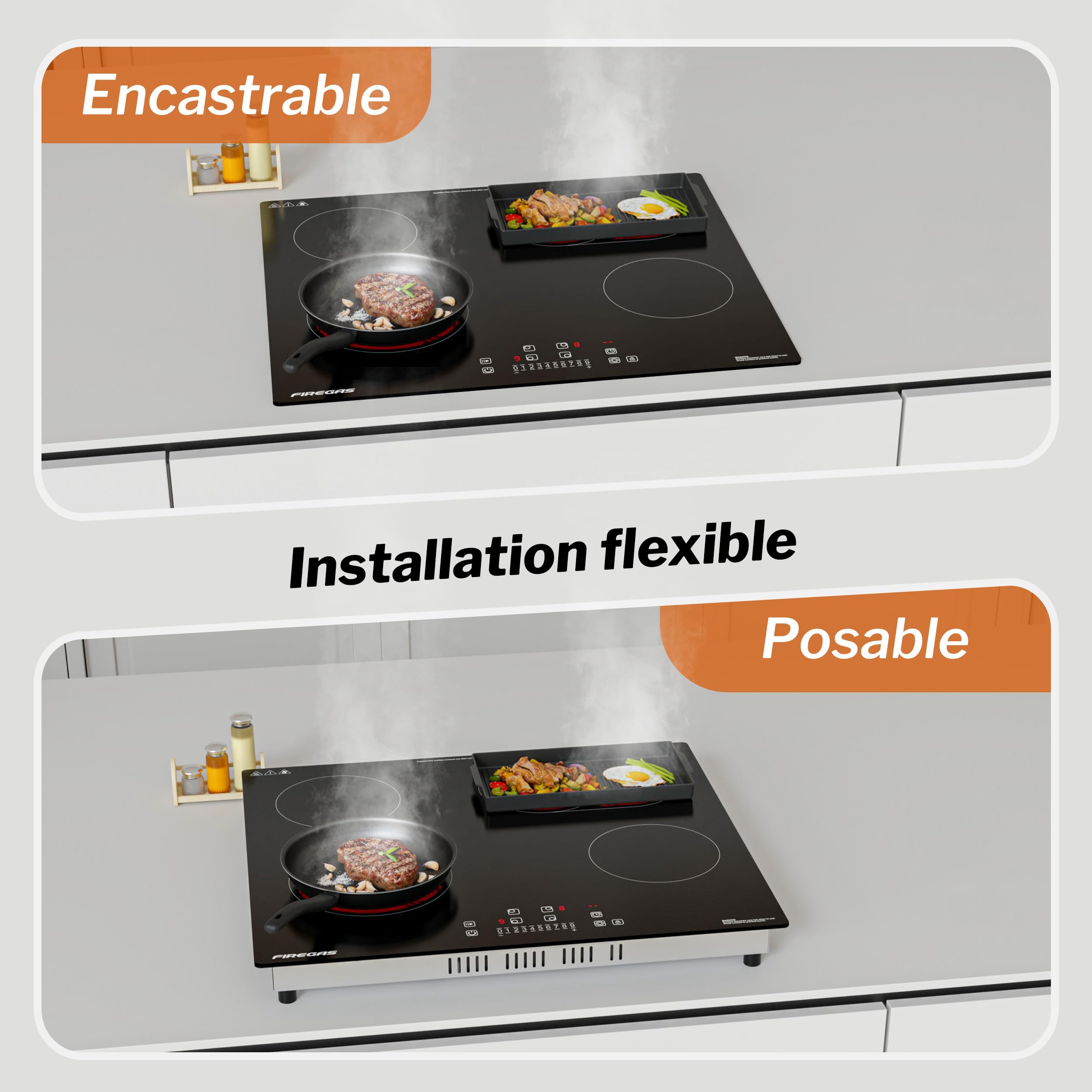 FIREGAS Plaque de Cuisson Électrique Vitrocéramique 4 Feux Encastrable 7200W Zones Duales Ovales Contrôle Tactile Minuteur