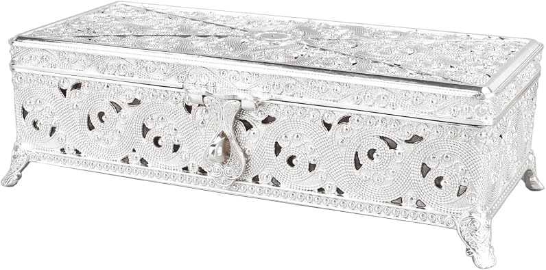 flexman Vintage Metal Jewelry Box, Large Capacity Rectangular Trinket Storage Box, Treasure Chest Organizer for Girl Women Necklace Earrings Rings