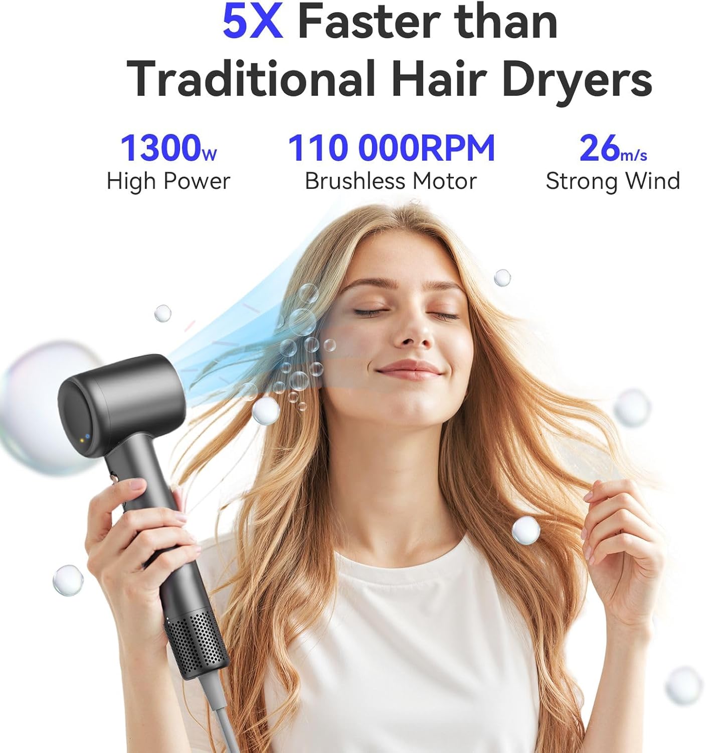 Hair Dryer, 110,000 RPM High-Speed Ionic Blow Dryer with Brushless Motor, Fast Drying, Low Noise Lightweight Design, Hair Dryer with Diffuser & Nozzle, Professional for Women & Men, Home or Travel