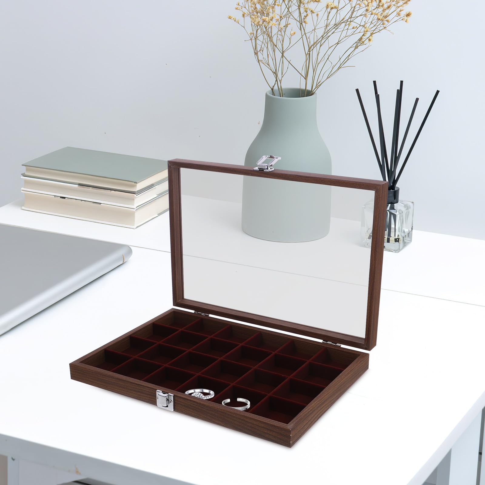 Boîte à Thé Compartimentée Boîte de Rangement Sachets de Thé 10,24x7,68x2,36 Pouces Bois et Verre Couvercle Transparent Décoration Intérieure en Déplacement