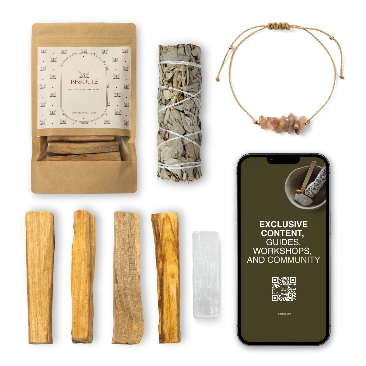 Zestaw do oczyszczania energetycznego: 4 Palo Santo, 1 biała szałwia, bransoletka jako prezent + selenit (cyfrowa zawartość QR) – naturalne i idealne do medytacji, jogi, rytuałów duchowych
