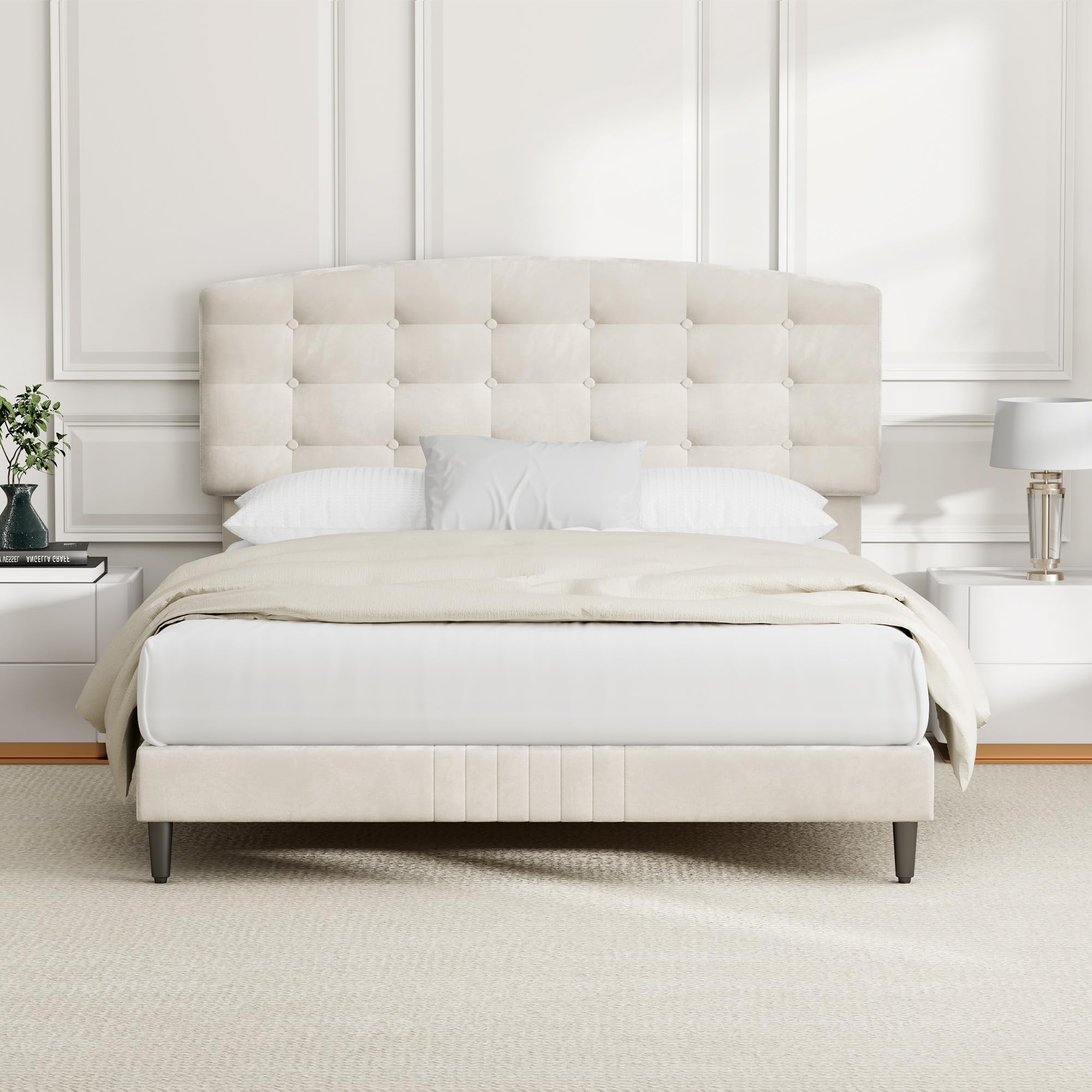 CozyLiving Double Upholstered Bed Frame with Cozy Button Tufted Headboard & Adjustable Height, Wood Slat Support, No Box Spring Needed - CHEYENNE (Beige)