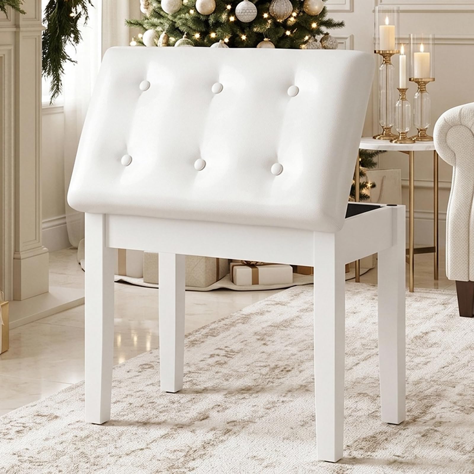 MAMIZO Sgabello per Pianoforte con Spazio di Archiviazione, 55x35x49CM | Panca Pianoforte con Cuscino in Pelle PU, Gambe in Legno Massello, Carico Massimo 150KG, Bianco