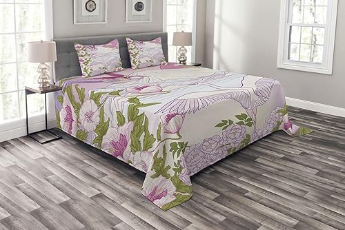 Ambesonne Japanese Pink Bedspread, Asian Inspired Landscape of Mountain Lake Birds and Blossoming Spring Flowers, Decorative Quilted 3 Piece