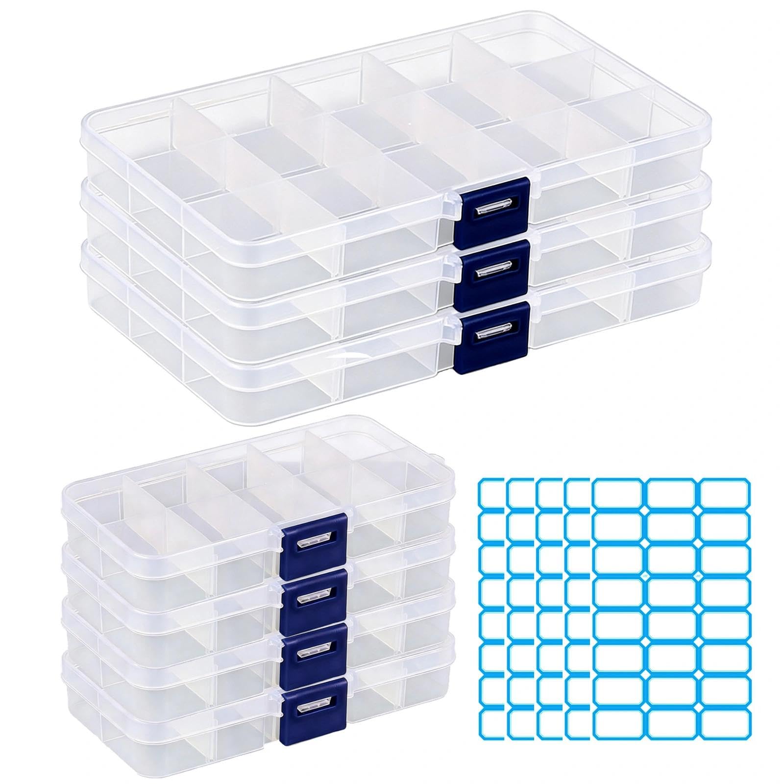 HUILATE 7pcs Storage Box with Dividers, Bead Storag, Plastic Organiser Box 15 Compartments for Crafts Beads Earrings Accessories Comes with Label Stickers