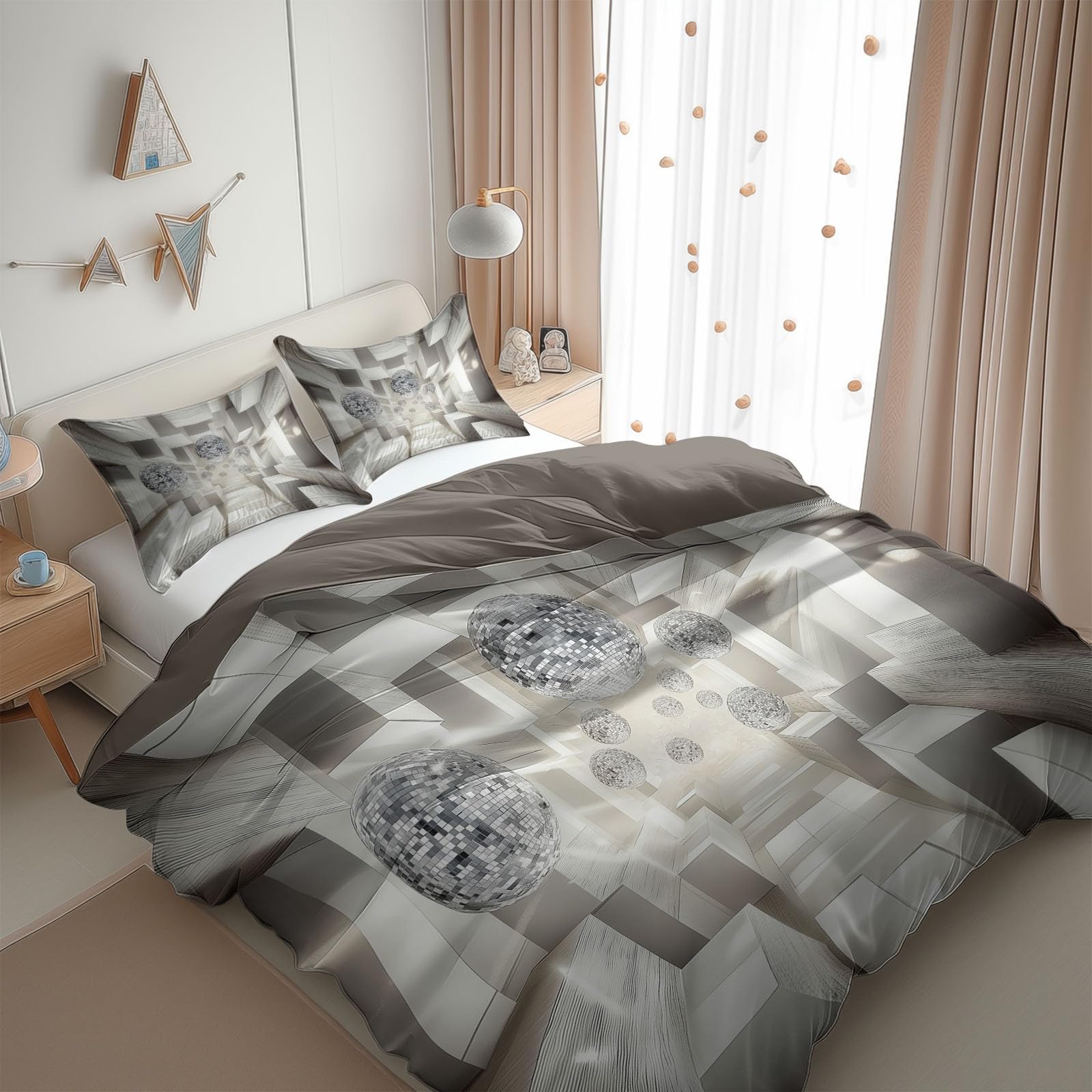 Silver Duvet Cover King Size Surreal Geometric Space Reversible 3 Pieces Duvet Cover Set, Bedding Set for All Season, Soft and Breathable Bedding Set with Zipper Closure