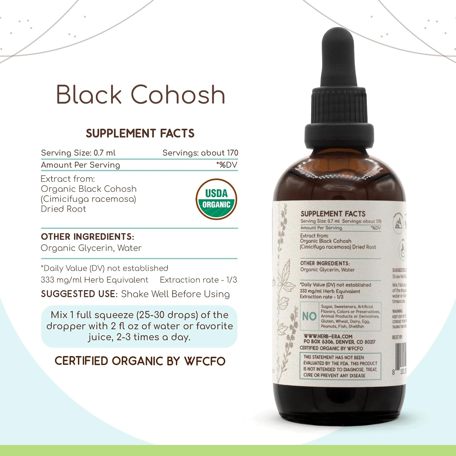 HerbEra Black Cohosh B120 USDA Organic Tincture | Alcohol-Free Extract, High-Potency Herbal Drops | Certified Organic Black Cohosh (Cimicifuga Racemosa) Dried Root (4 oz)