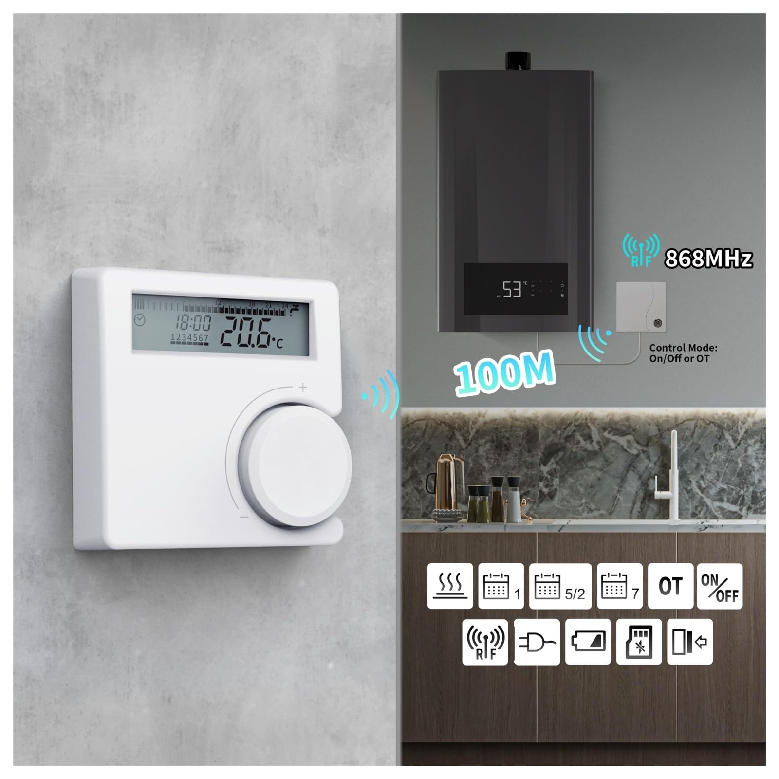 Inteligentny termostat, Bezprzewodowy termostat kotła, termostat pokojowy, termostat z baterią o niskim poborze mocy, cyfrowy regulator temperatury