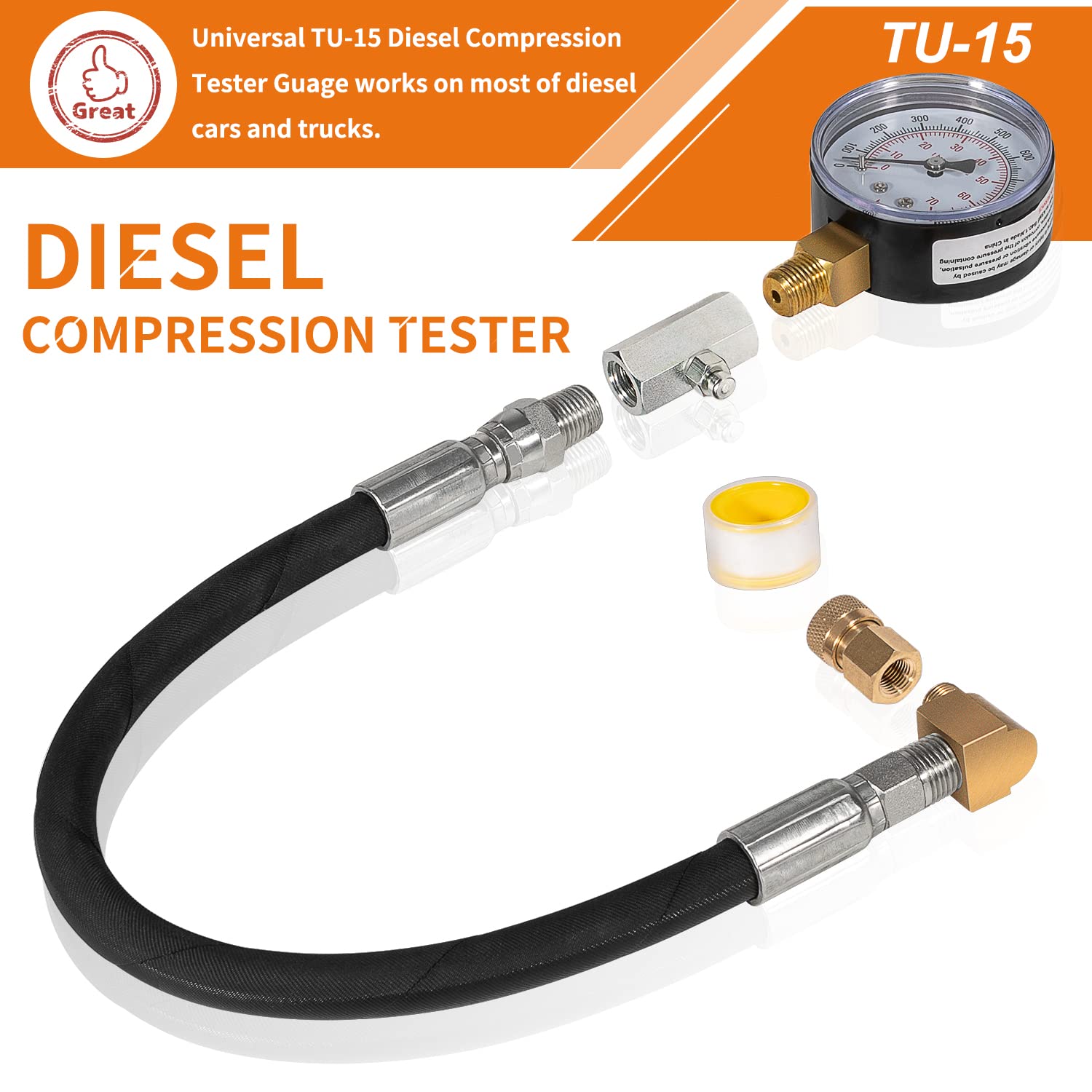 johntruck TU-15 Diesel Compression Tester with Gauge Fuel Pressure Test Tool Kit for Diesel Cars and Trucks, Ranges from 0-1000 psi & 0-70 bar