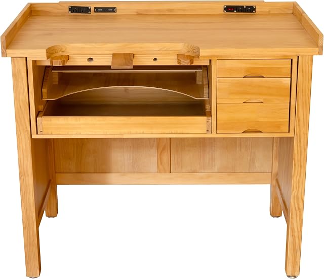 Noble Banc de bijouterie intelligent en bois fin - Workbench en bois avec tiroirs, plateau en bois massif, sorties d'alimentation et USB Ports pour la fabrication de bijoux
