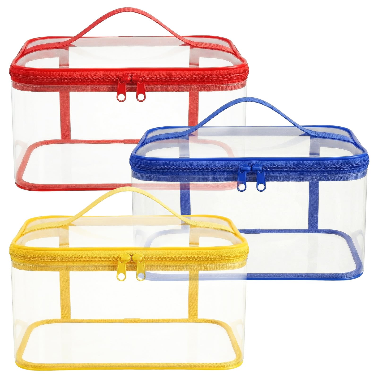 3 bolsas organizadoras de almacenamiento de juguetes transparentes de PVC con asa de doble cremallera, fáciles de limpiar para bloques de construcción, juguetes pequeños, rojo, amarillo y azul