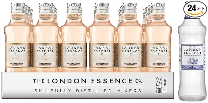 The London Essence Co. White Peach & Jasmine Crafted Soda, 6.76 fl oz / 200 ml, 24 Pack & The London Essence Co. Grapefruit & Rosemary Tonic Water, 200 ml