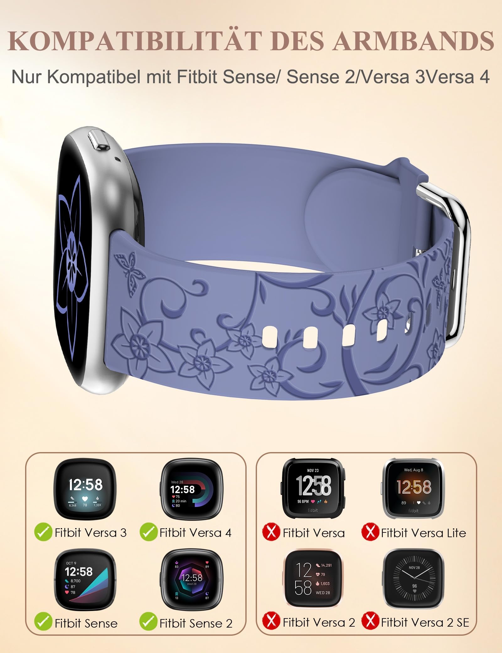 NicMool Silikon-Armband Für Fitbit Versa 4/3, Sense 2/1 - Graviertes Design, Weiches Material, Schwarz