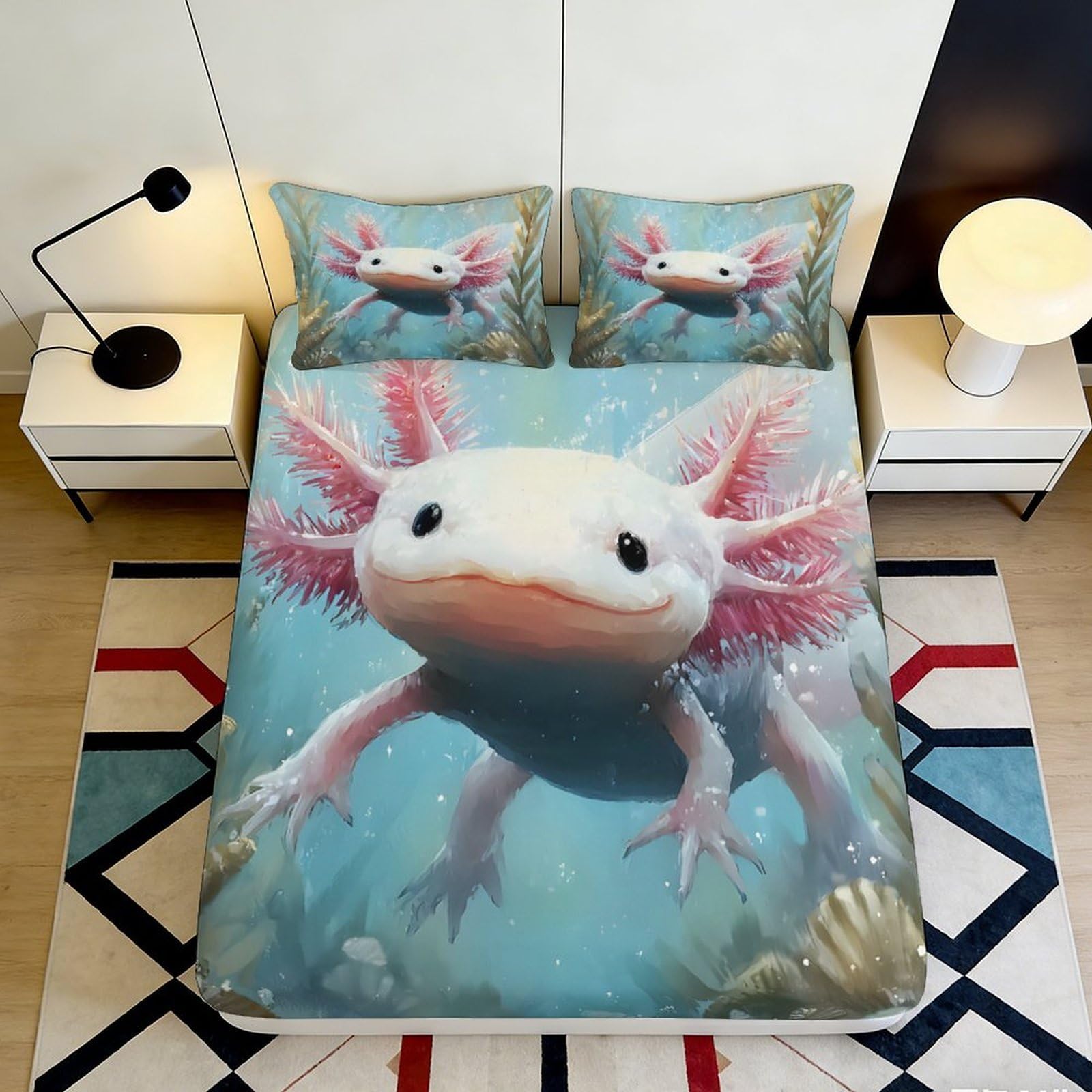 3D Printed Axolotl Underwater Fitted Sheet Microfiber Soft Non-Slip Ocean Creature Bed Cover for Bedroom Guest Room 180x200x25cm