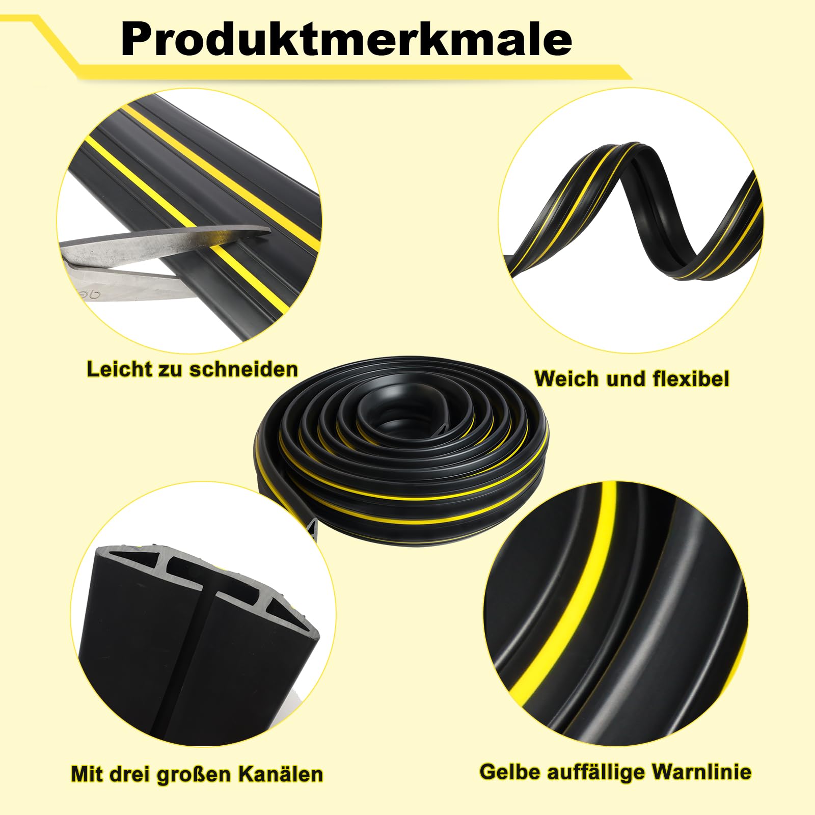 Kabelkanal Boden Flach - 4m PVC Kabelbrücke Boden, 3 Bodenkanal Für Kabel, Bodenkabelschutz Zuschneidbar Boden Drahtabdeckungen für Haus, Büro, Werkstatt, Lager (Schwarz)