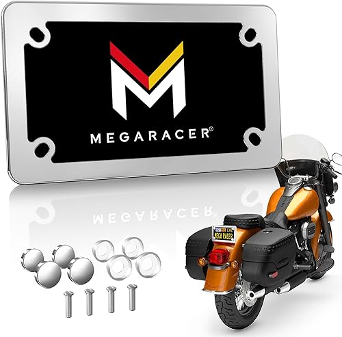 Mega Racer Marco de matrícula de motocicleta cromado plateado, marcos de matrícula SxS UTV, ciclomotor, aluminio con 4 agujeros, resistente a la