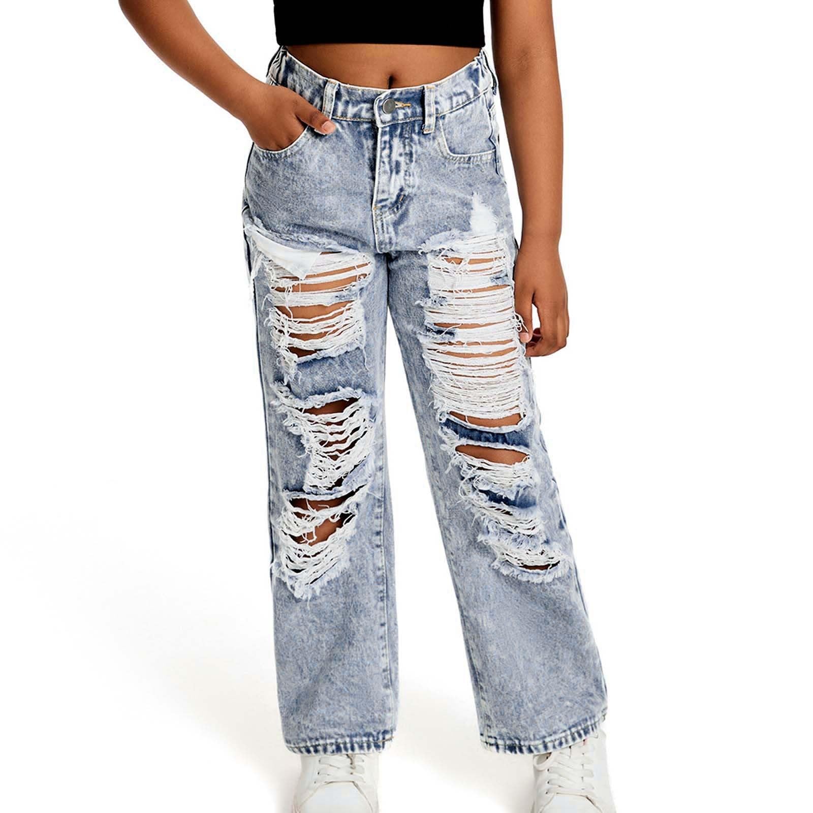 Generico Jeans Bambina 6-13 Anni Larghi Dritto Strappati Pantaloni Jeans Denim Ragazza Elastico in Vita Alta Comfort Pantaloni Lavoro Cargo Ampia Invernali con Tasconi Hip Hop Outdoor