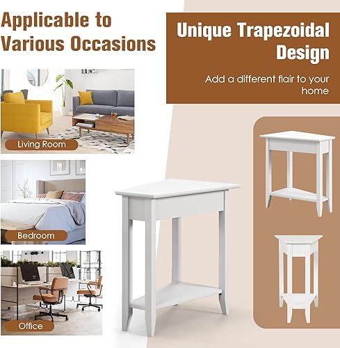 Miniatura 8 de Giantex Juego de 2 mesas auxiliares de cuña blanca, mesa auxiliar triangular con estante de almacenamiento y patas de madera maciza, mesa