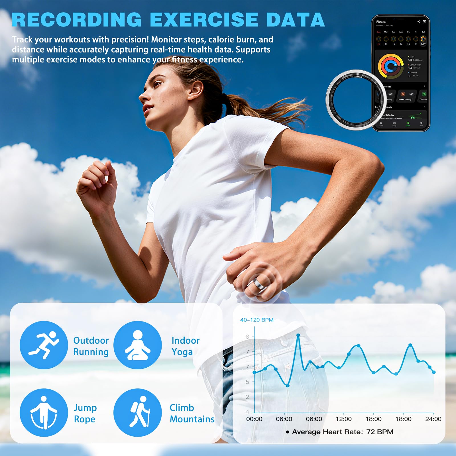 Anello intelligente per donne e uomini, anello fitness tracker per monitoraggio del sonno, con custodia di ricarica, SpO2, frequenza cardiaca, senza costi di abbonamento per iOS Android